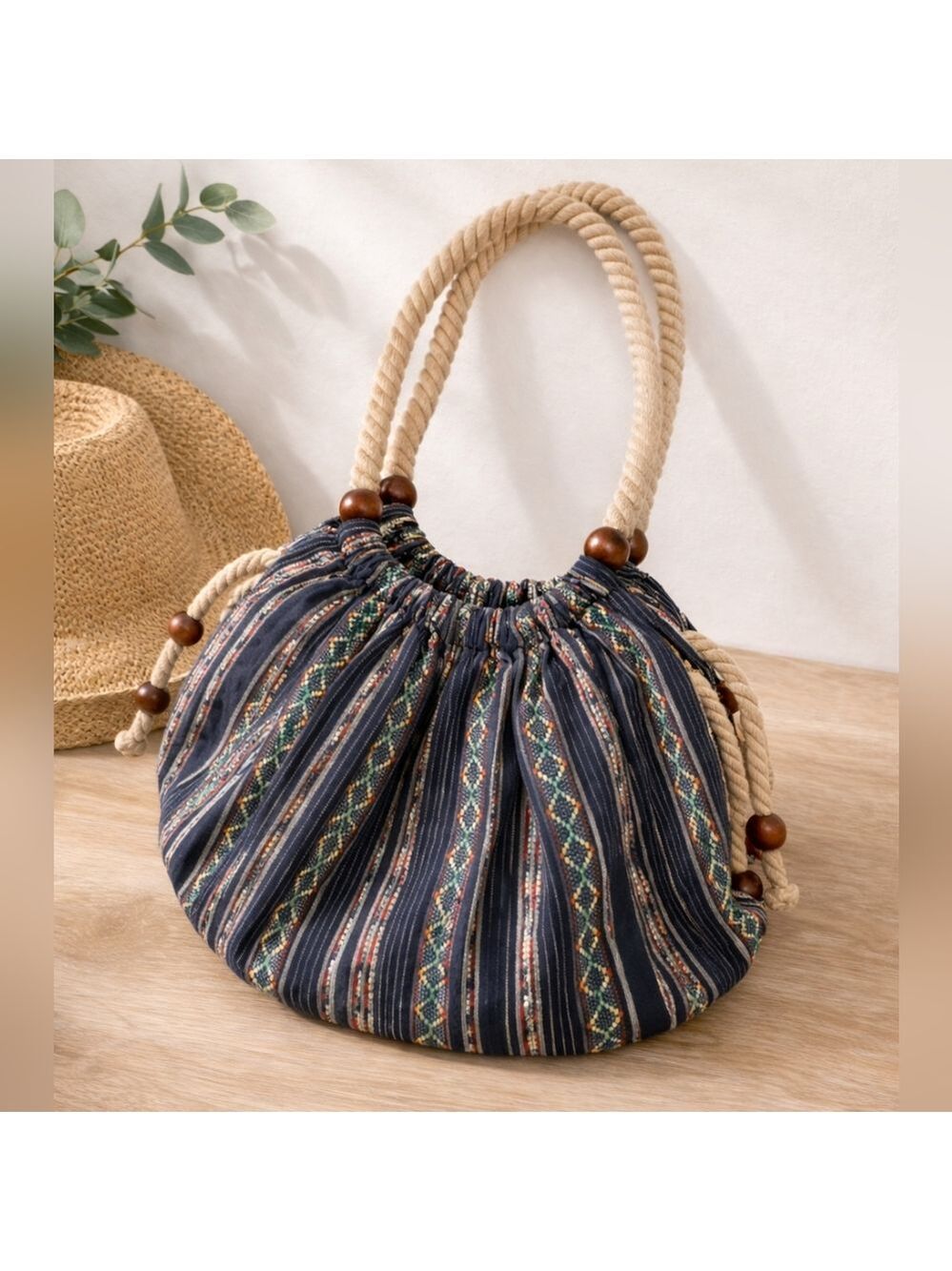 Vintage Boho Navy Blue Woven Bucket Bag Rope Handle Wooden Beads